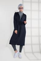 Tesettür giyim LACİVERT BELDEN BAĞCIKLI KAPÜŞONLU FERMUARLI TRENÇKOT 4205