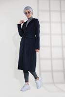 Tesettür giyim LACİVERT BELDEN BAĞCIKLI KAPÜŞONLU FERMUARLI TRENÇKOT 4205