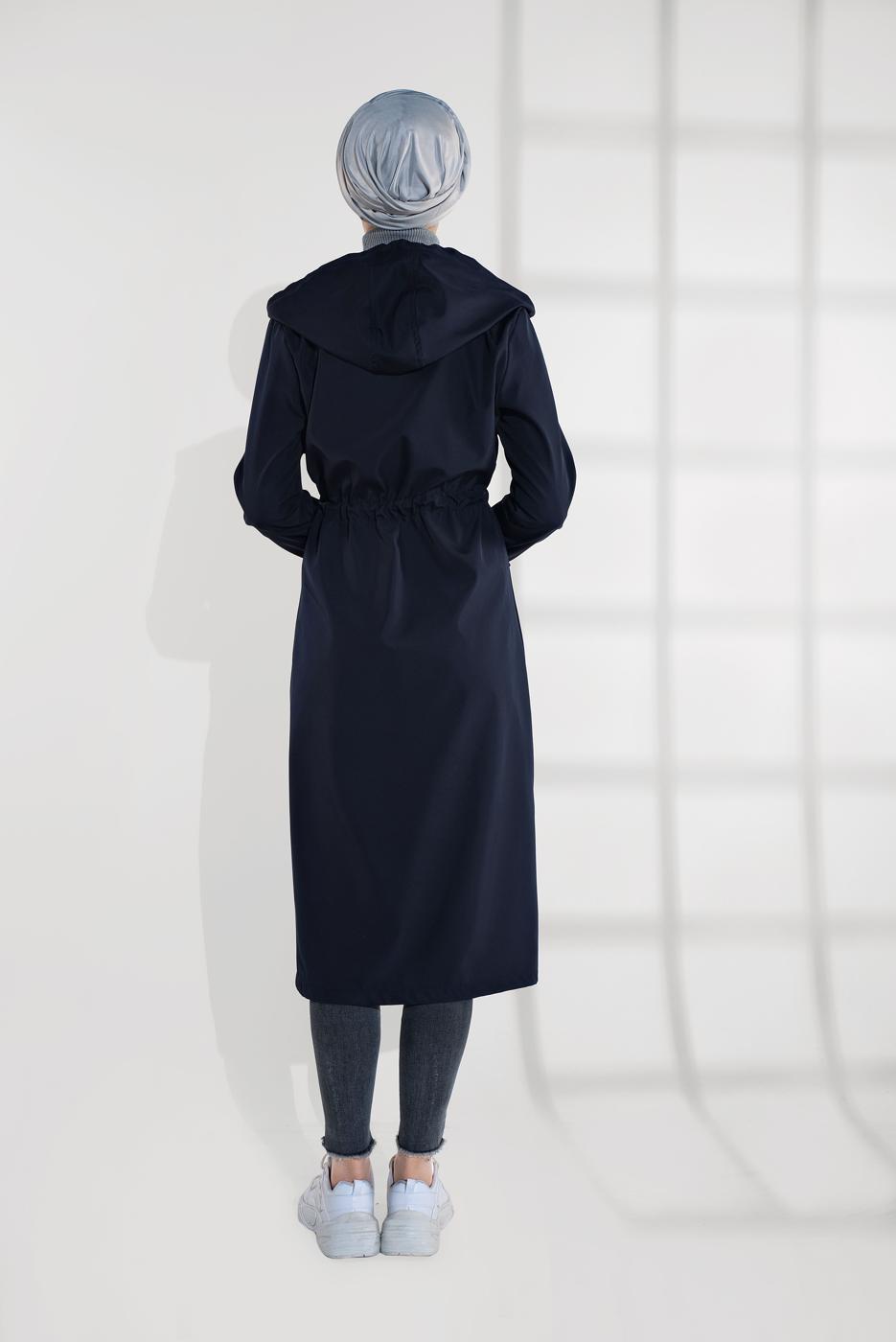Tesettür giyim LACİVERT BELDEN BAĞCIKLI KAPÜŞONLU FERMUARLI TRENÇKOT 4205