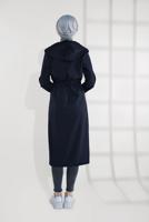 Tesettür giyim LACİVERT BELDEN BAĞCIKLI KAPÜŞONLU FERMUARLI TRENÇKOT 4205