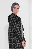Tesettür giyim SİYAH BELİ BAĞCIKLI KAPÜŞONLU ÖRME EKOSE TRENÇKOT 4355 