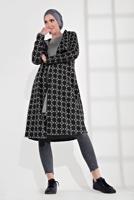 Tesettür giyim SİYAH BELİ BAĞCIKLI KAPÜŞONLU ÖRME EKOSE TRENÇKOT 4355 