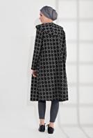Tesettür giyim SİYAH BELİ BAĞCIKLI KAPÜŞONLU ÖRME EKOSE TRENÇKOT 4355 
