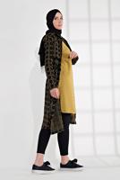 Tesettür giyim SİYAH BELİ BAĞCIKLI KAPÜŞONLU ÖRME EKOSE TRENÇKOT 4355 