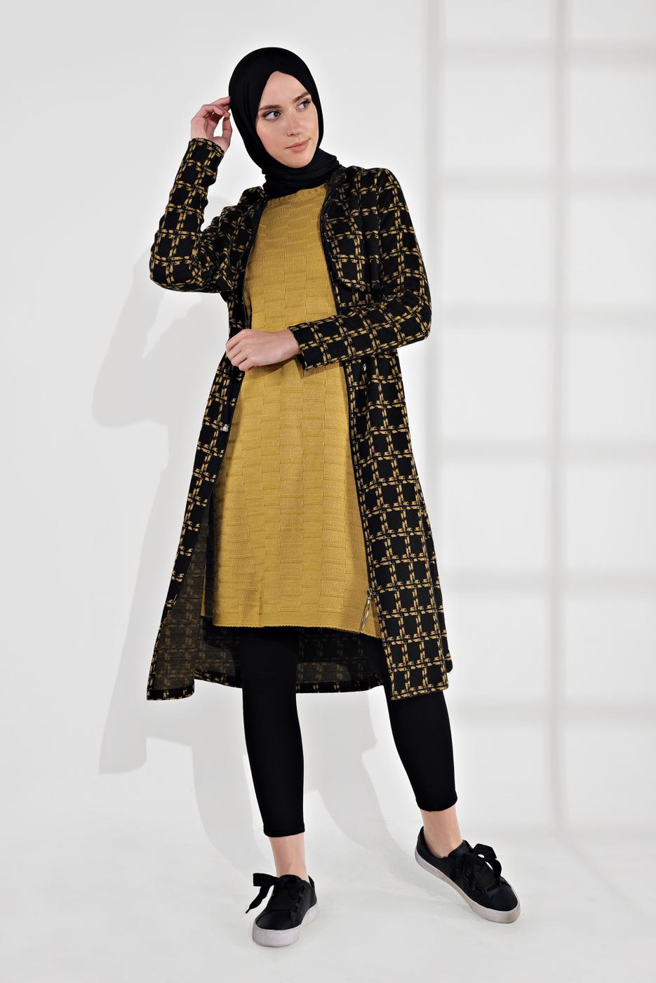 Tesettür giyim SİYAH BELİ BAĞCIKLI KAPÜŞONLU ÖRME EKOSE TRENÇKOT 4355 
