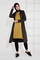 Tesettür giyim SİYAH BELİ BAĞCIKLI KAPÜŞONLU ÖRME EKOSE TRENÇKOT 4355 