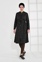 Tesettür giyim SİYAH BELİ BAĞCIKLI KAPÜŞONLU ÖRME EKOSE TRENÇKOT 4355 