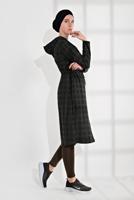 Tesettür giyim SİYAH BELİ BAĞCIKLI KAPÜŞONLU ÖRME EKOSE TRENÇKOT 4355 