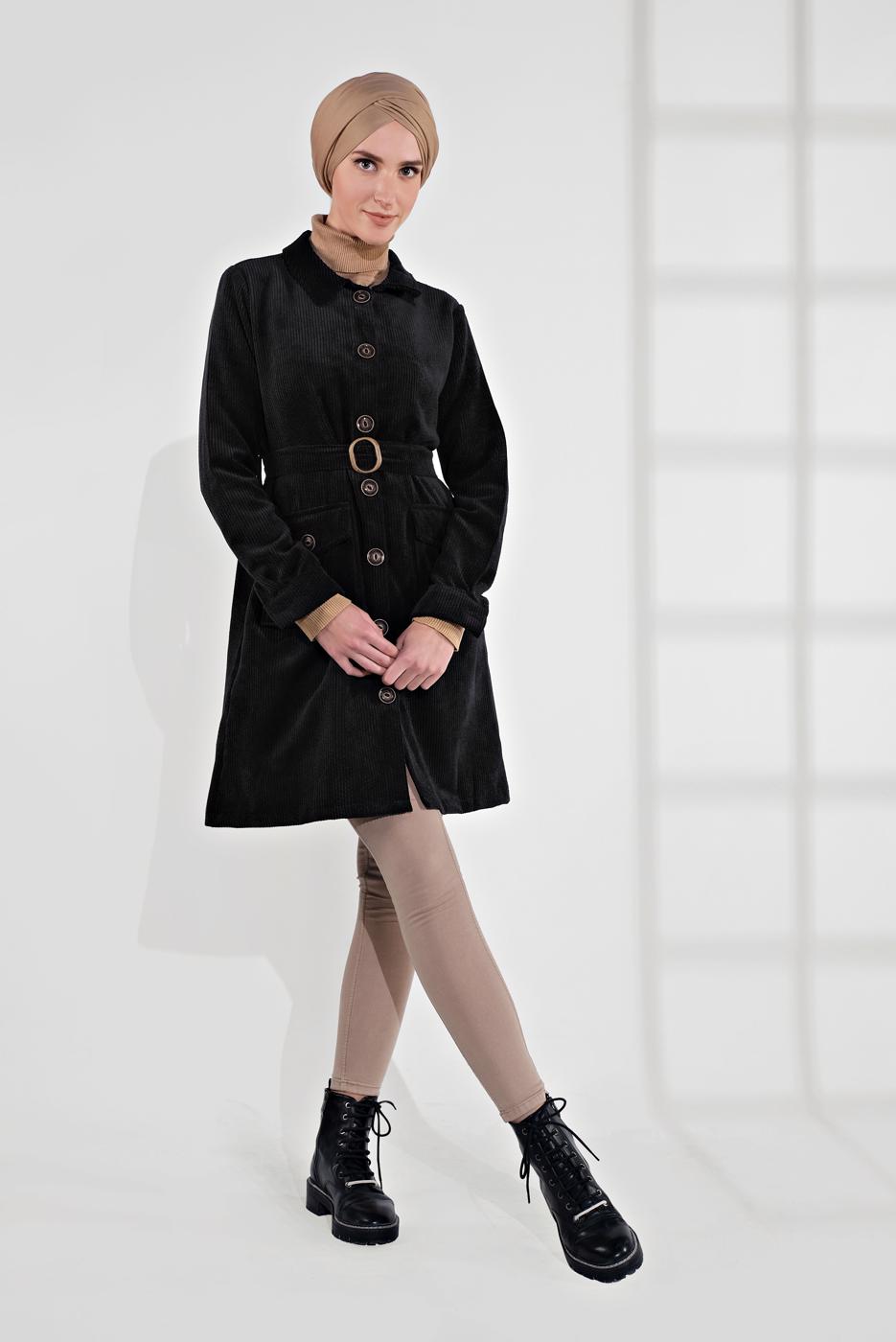 Vêtements hijab NOIR IMPERMÉABLE EN VELOURS CÔTELÉ AVEC CEINTURE 7241