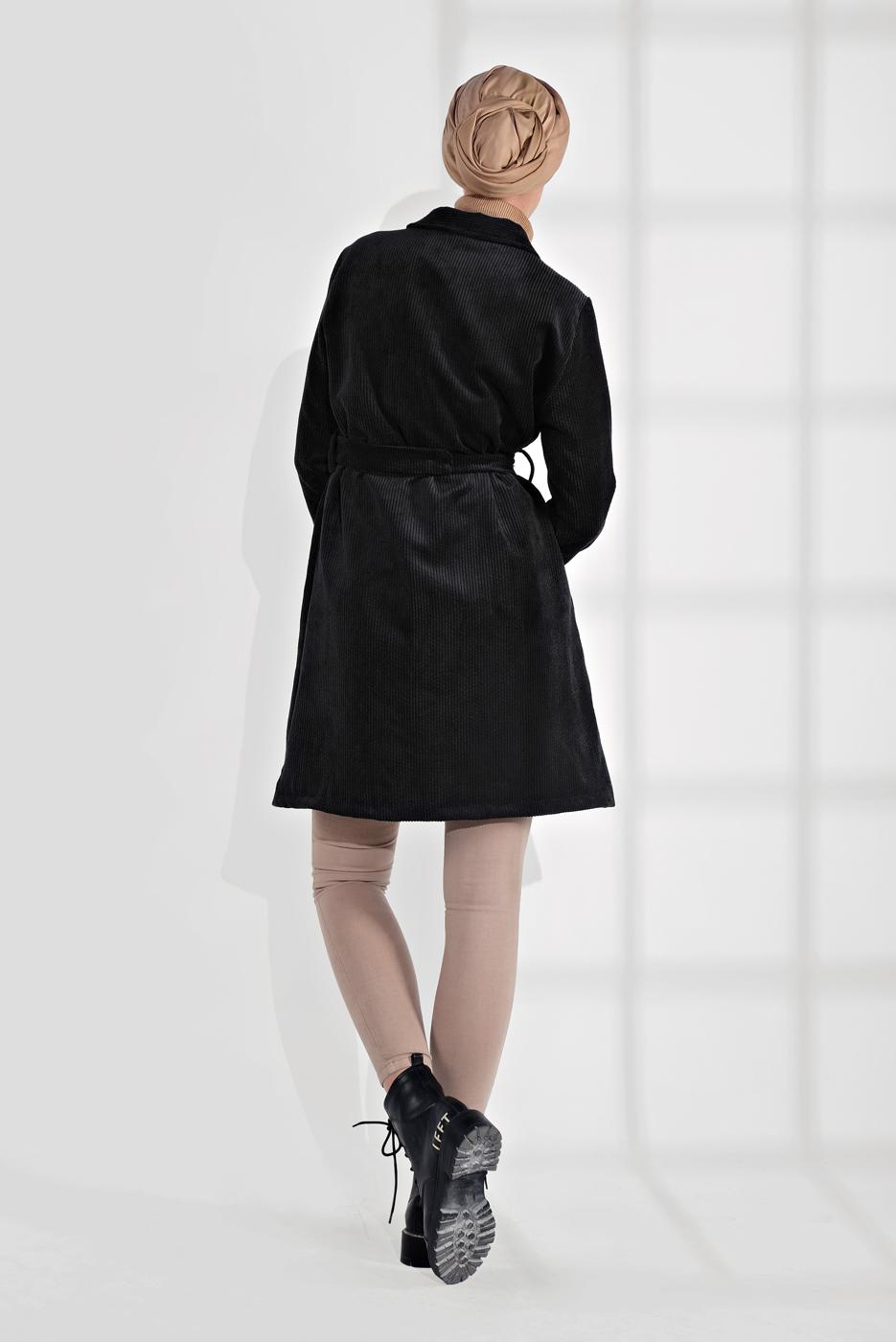 Hijab clothing BLACK BELTED CORDUROY TRENCH-COAT 7241 