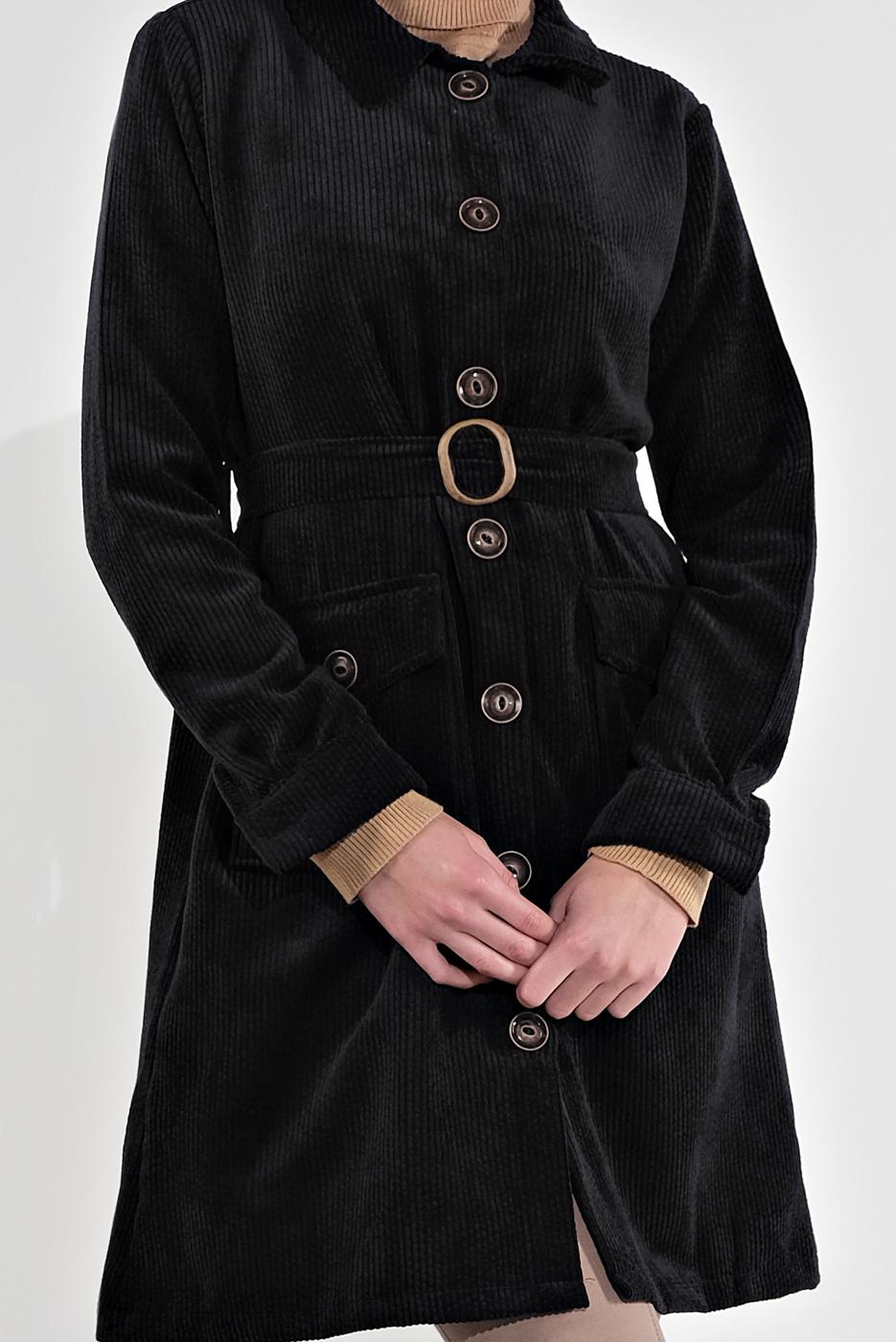 Hijab clothing BLACK BELTED CORDUROY TRENCH-COAT 7241 