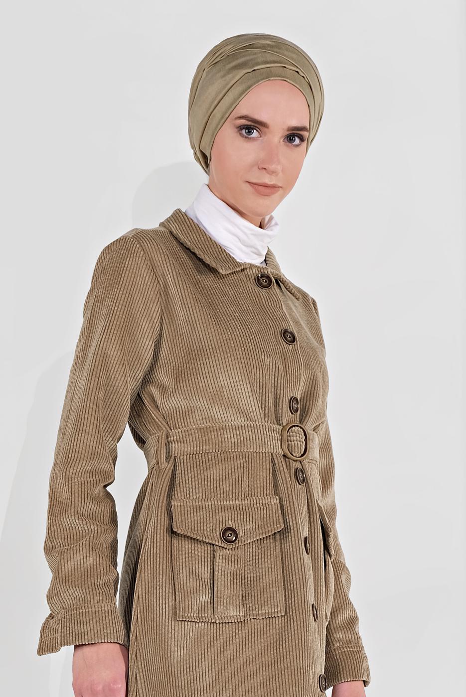Hijab clothing BROWN BELTED CORDUROY TRENCH-COAT 7241 