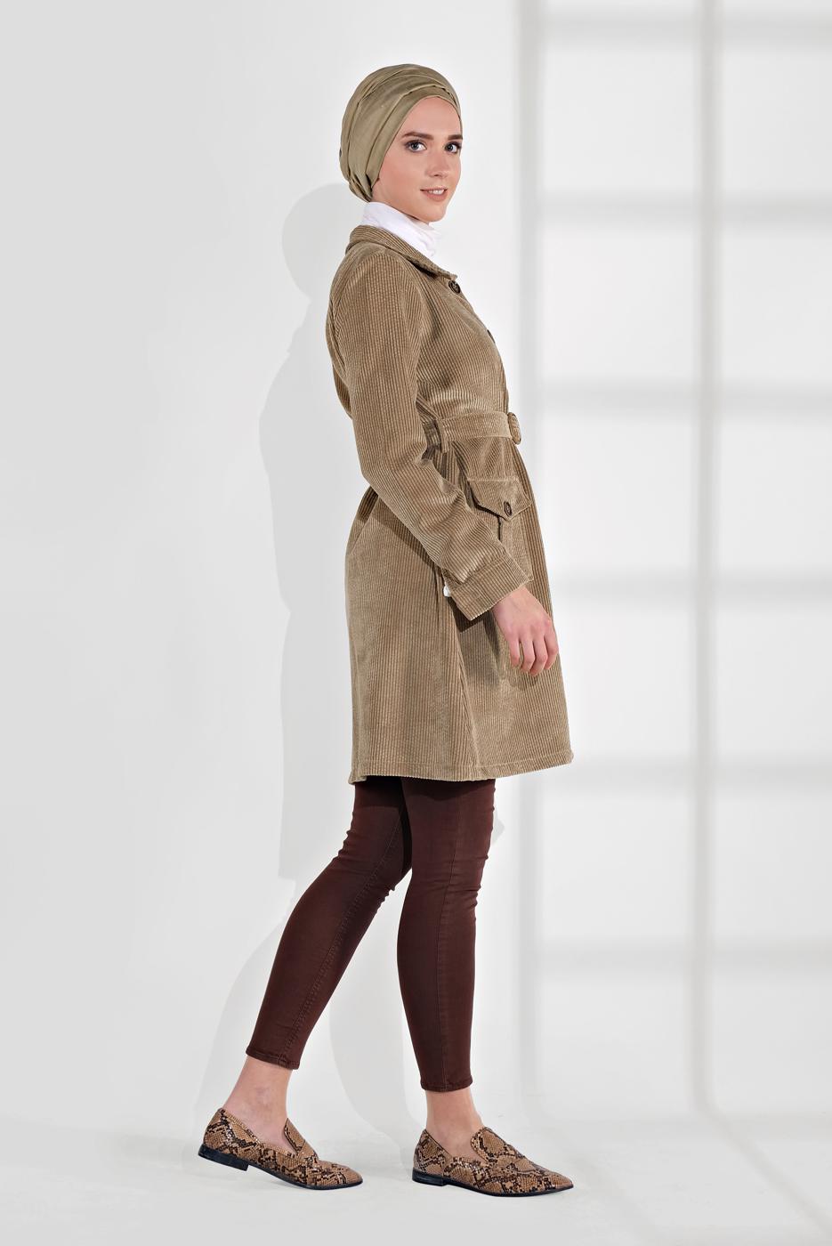 Hijab clothing BROWN BELTED CORDUROY TRENCH-COAT 7241 