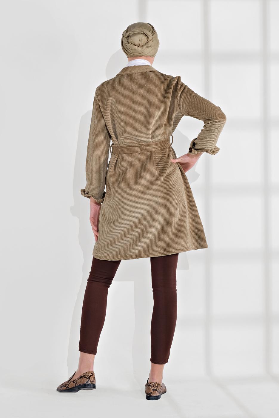 Hijab clothing BROWN BELTED CORDUROY TRENCH-COAT 7241 