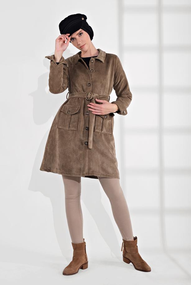 Hijab clothing  BELTED CORDUROY TRENCH-COAT 7241  - TRENDTESETTÜR