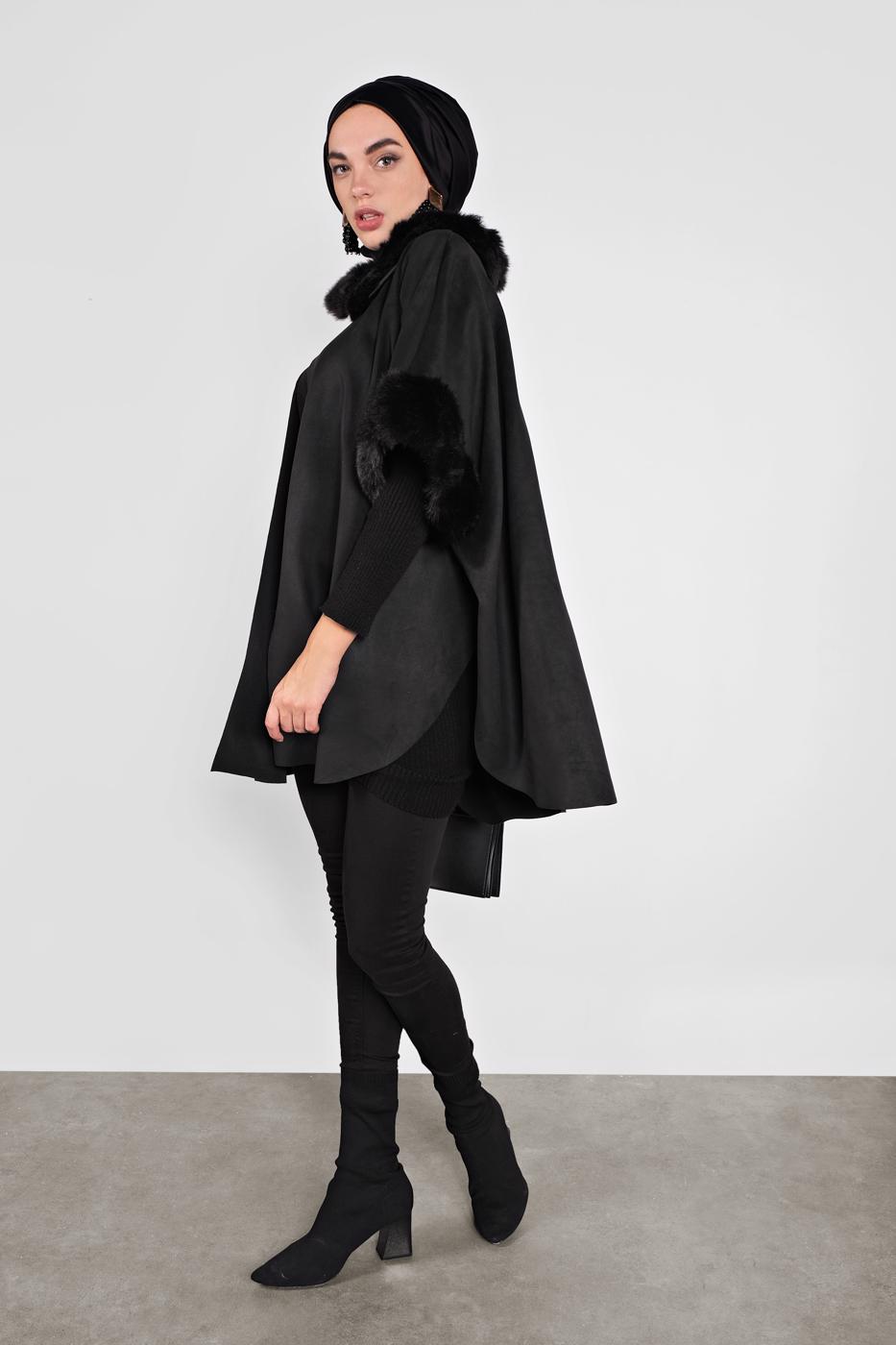 Tesettür giyim SİYAH KÜRK DETAYLI PANÇO 6330-1