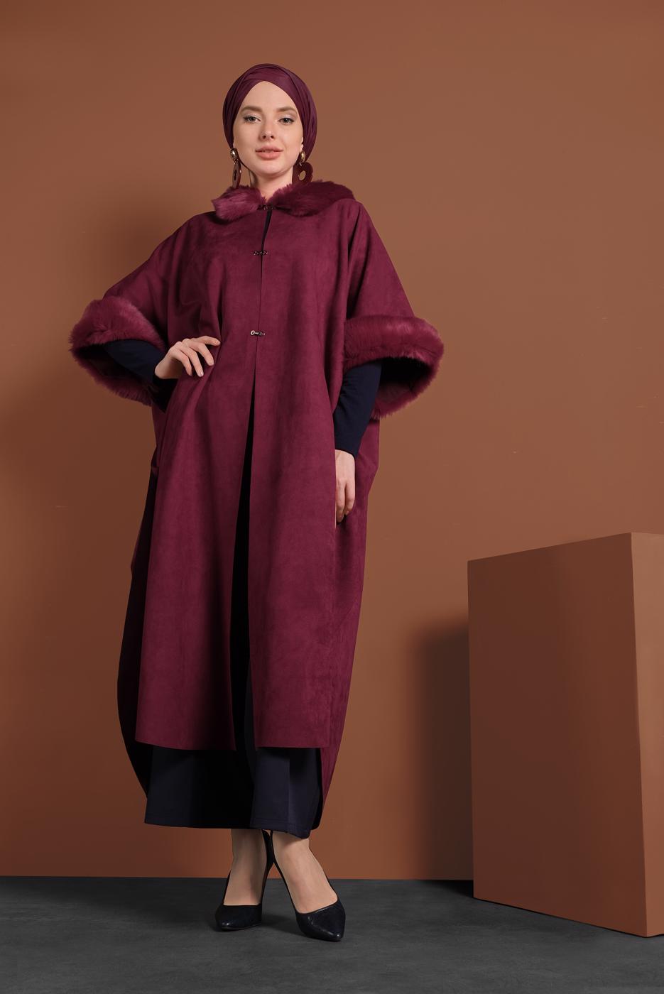 Tesettür giyim BORDO LİKRALI SÜET PANÇO 6330