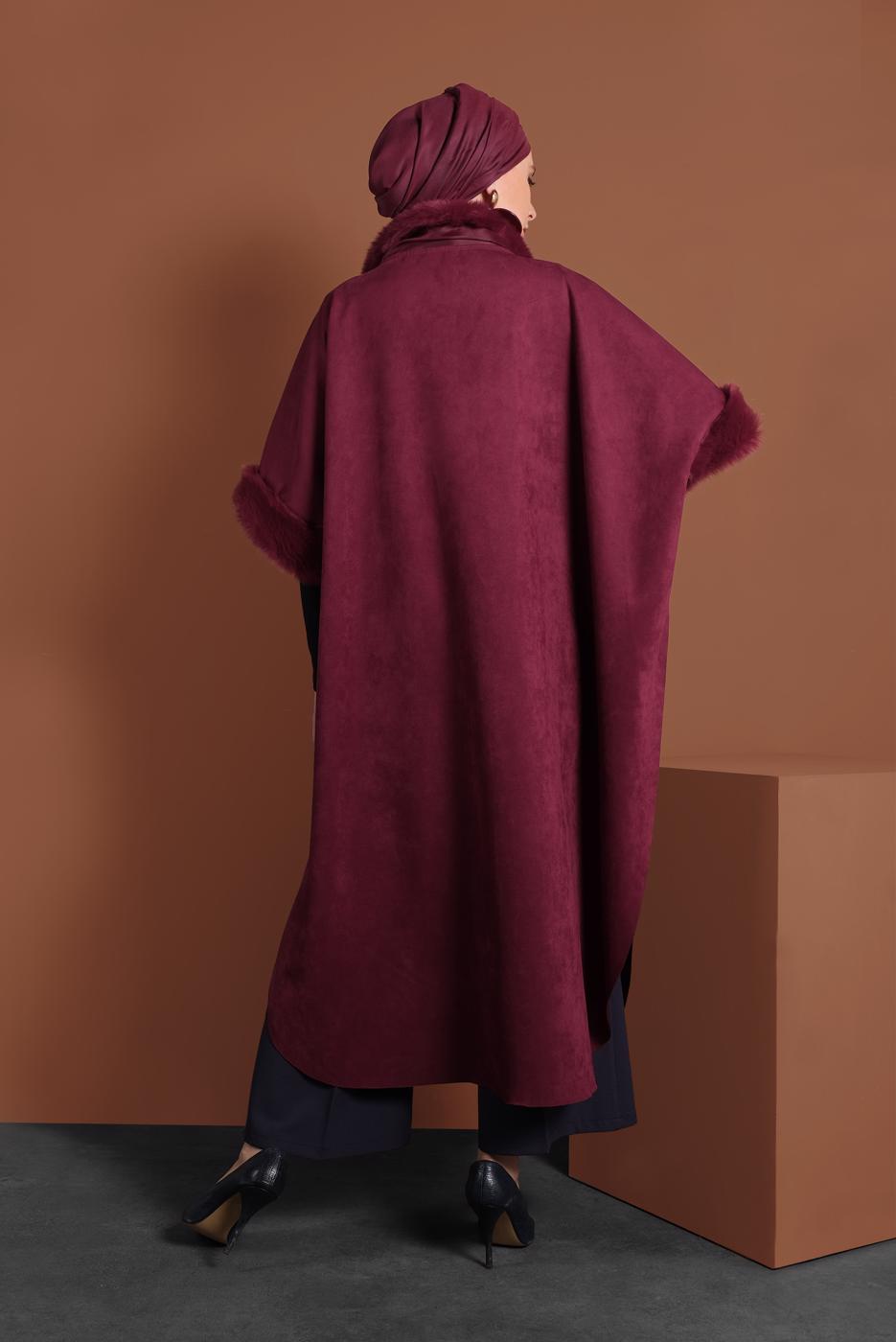 Tesettür giyim BORDO LİKRALI SÜET PANÇO 6330