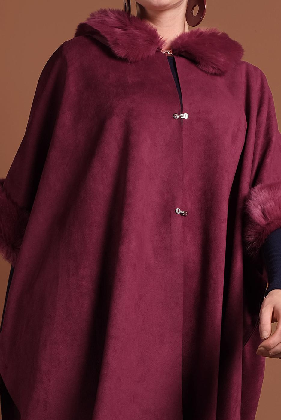 Tesettür giyim BORDO LİKRALI SÜET PANÇO 6330