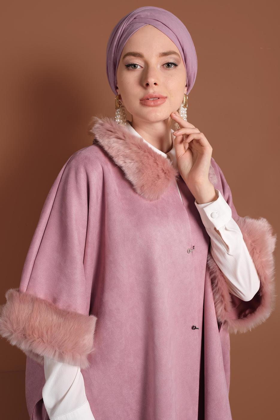 Tesettür giyim PUDRA LİKRALI SÜET PANÇO 6330
