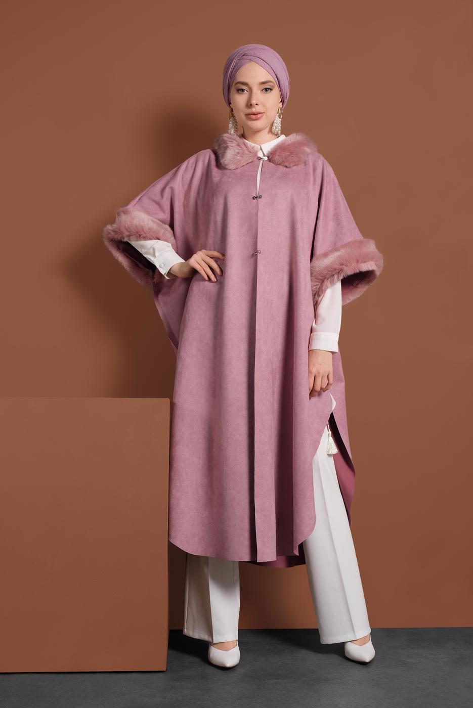 Tesettür giyim PUDRA LİKRALI SÜET PANÇO 6330