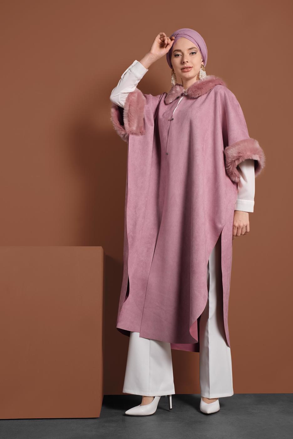 Tesettür giyim PUDRA LİKRALI SÜET PANÇO 6330