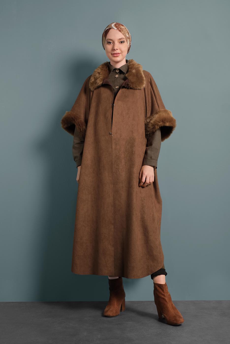 Tesettür giyim TABA LİKRALI SÜET PANÇO 6330