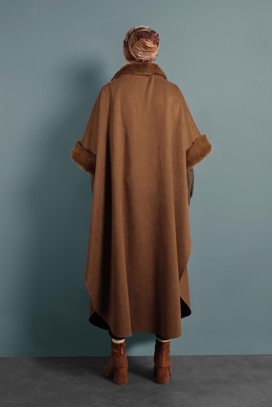 Tesettür giyim TABA LİKRALI SÜET PANÇO 6330