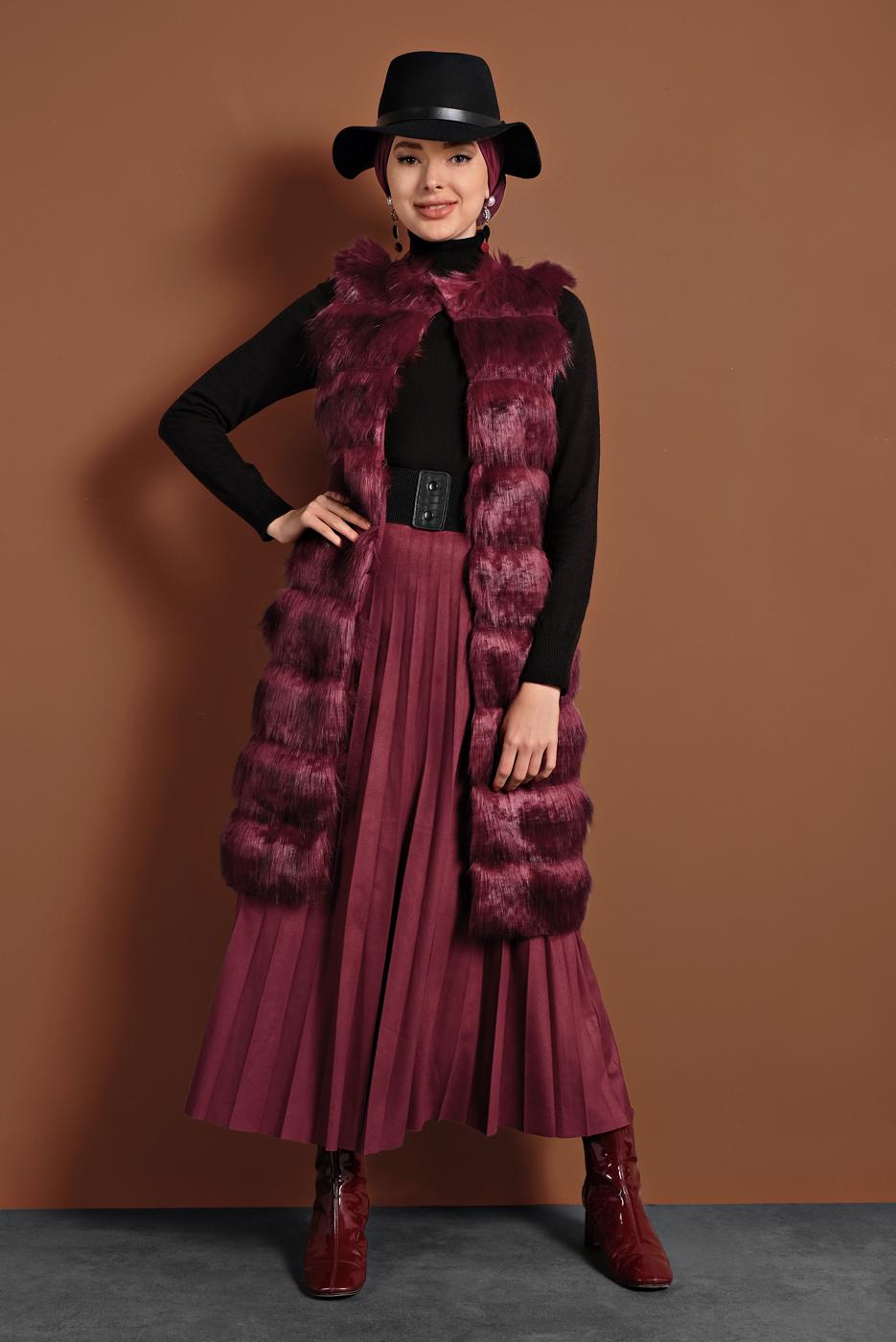 Tesettür giyim BORDO PAMUKLU KÜRKLÜ YELEK 5330