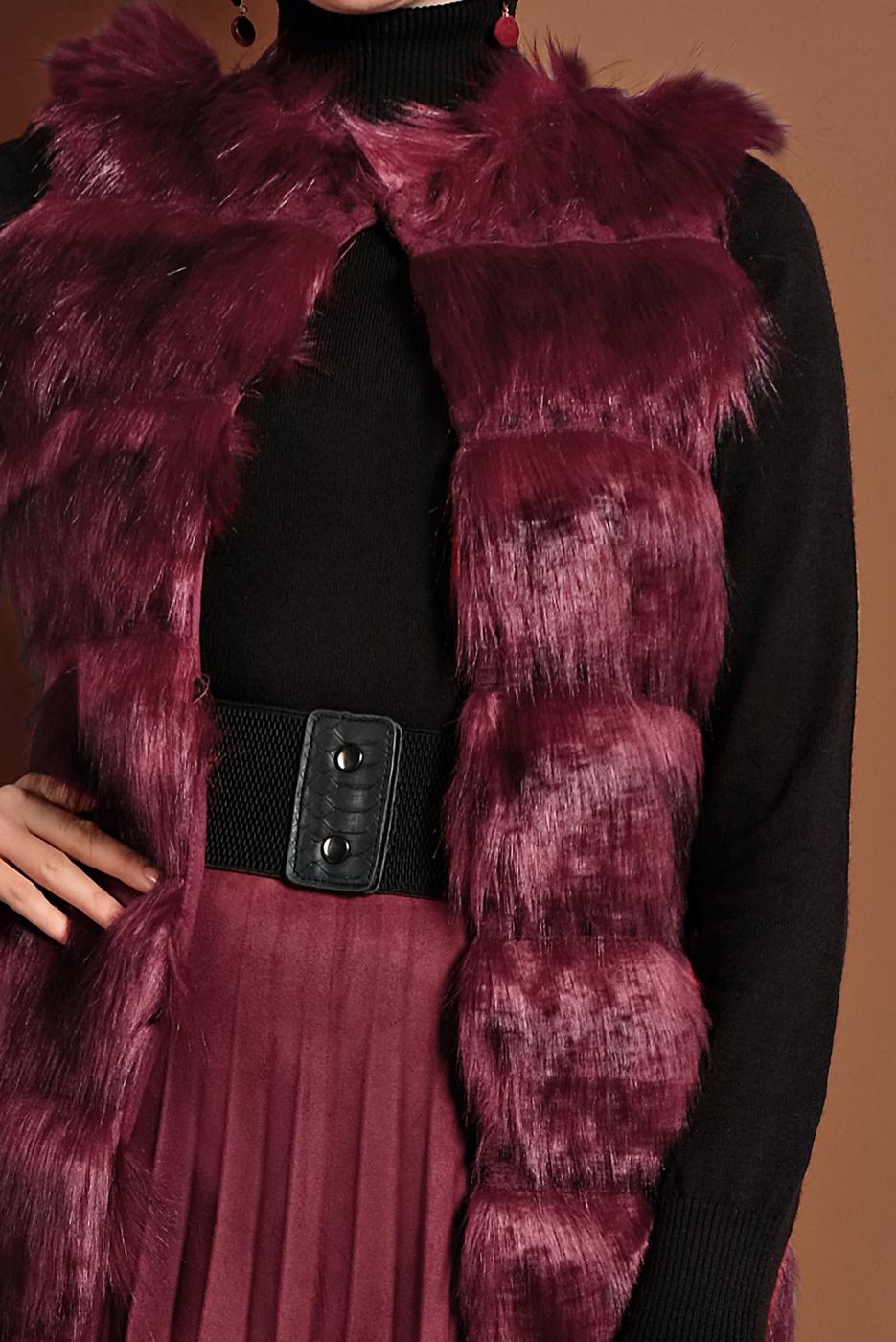 Tesettür giyim BORDO PAMUKLU KÜRKLÜ YELEK 5330