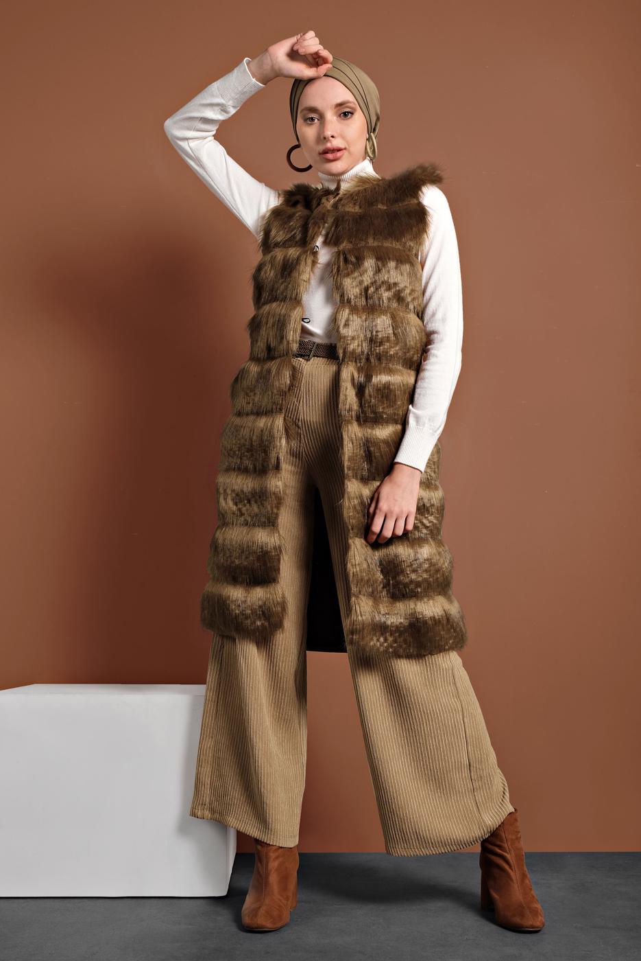 Tesettür giyim TABA PAMUKLU KÜRKLÜ YELEK 5330