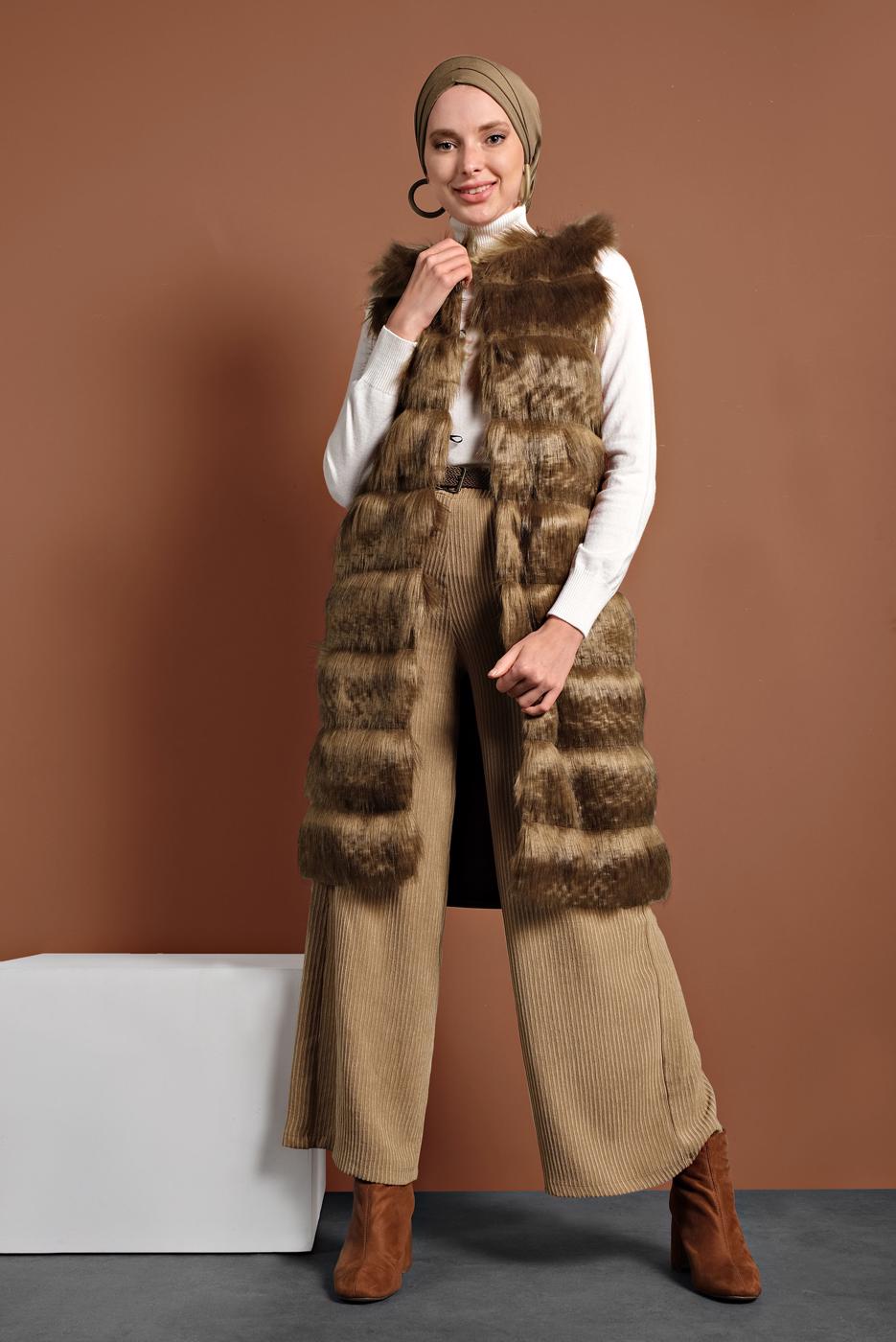 Tesettür giyim TABA PAMUKLU KÜRKLÜ YELEK 5330