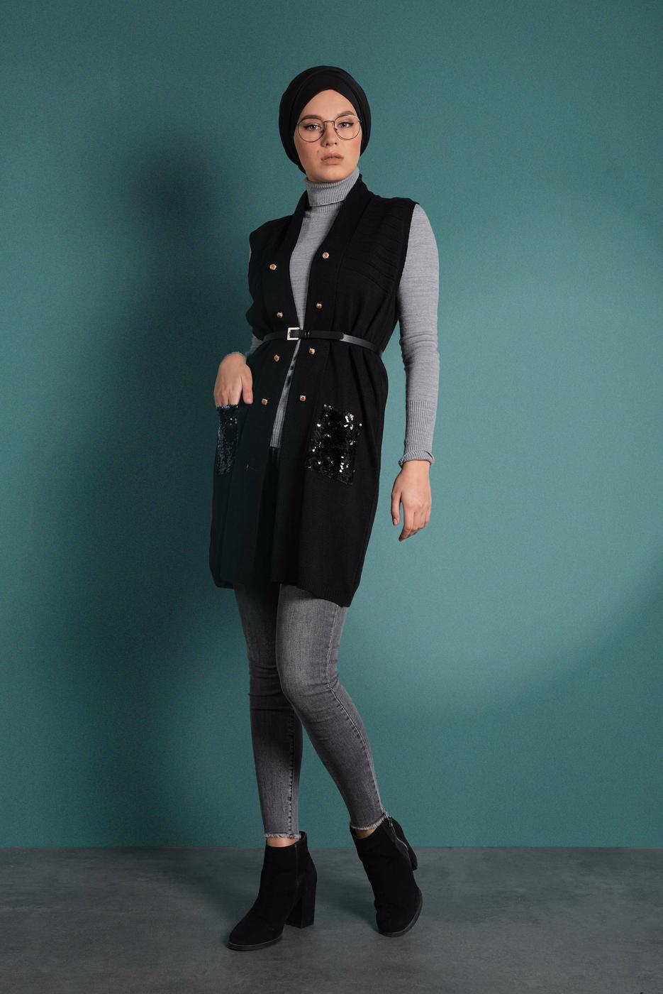 Vêtements hijab NOIR GILET À SEQUINS 06391