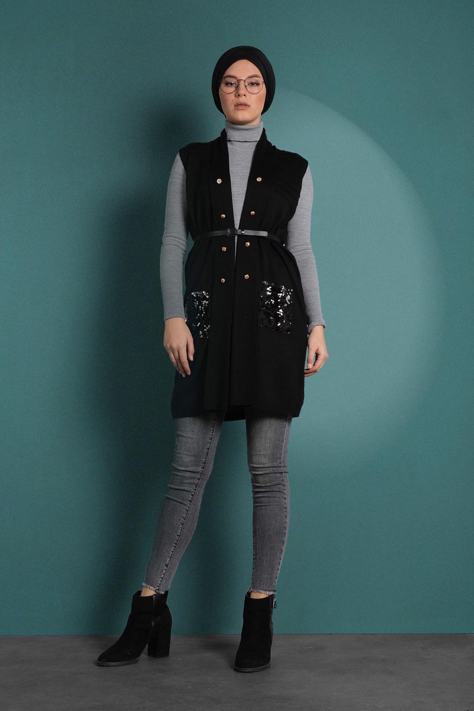 Vêtements hijab NOIR GILET À SEQUINS 06391