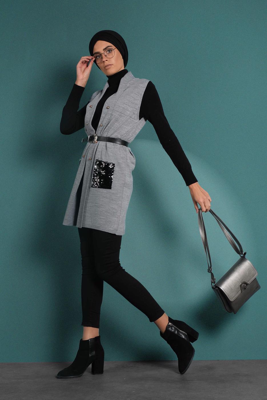 Vêtements hijab GRIS GILET À SEQUINS 06391