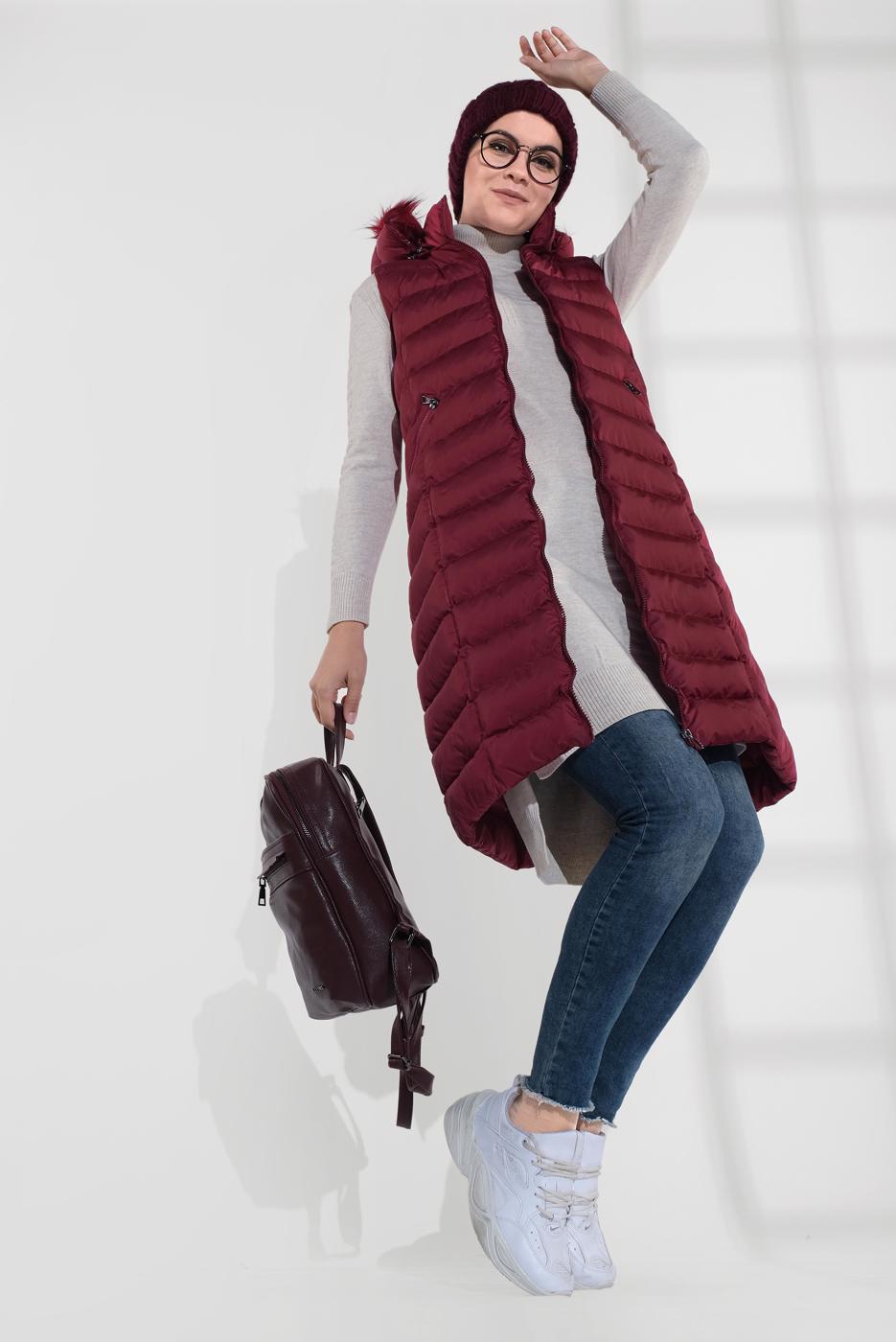 Tesettür giyim BORDO KAPÜŞONLU ŞİŞME YELEK 0007