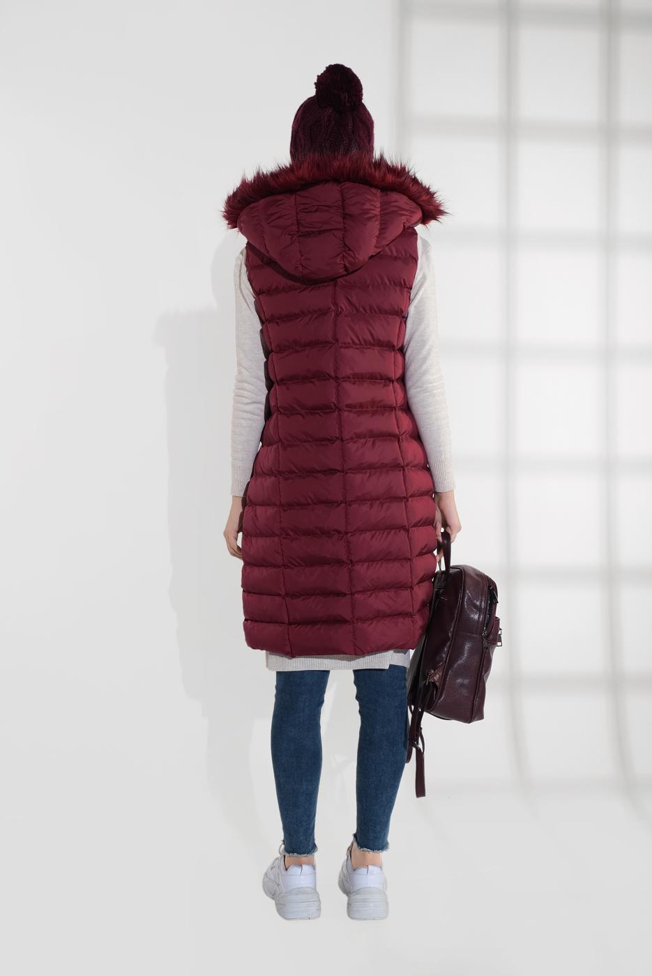 Tesettür giyim BORDO KAPÜŞONLU ŞİŞME YELEK 0007