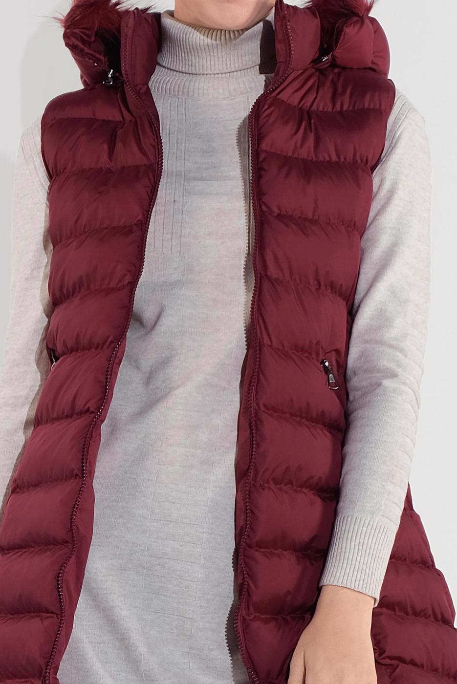 Tesettür giyim BORDO KAPÜŞONLU ŞİŞME YELEK 0007