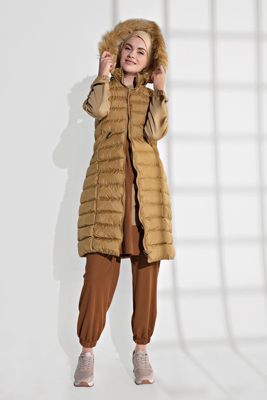 Tesettür giyim KAHVE KAPÜŞONLU ŞİŞME YELEK 0007