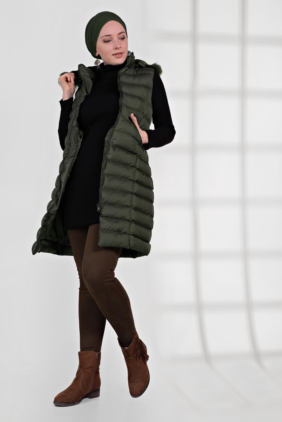 Tesettür giyim HAKİ KAPÜŞONLU ŞİŞME YELEK 0007