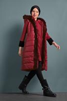 Tesettür giyim KIRMIZI KÜRK DETAYLI ŞİŞME YELEK 0127