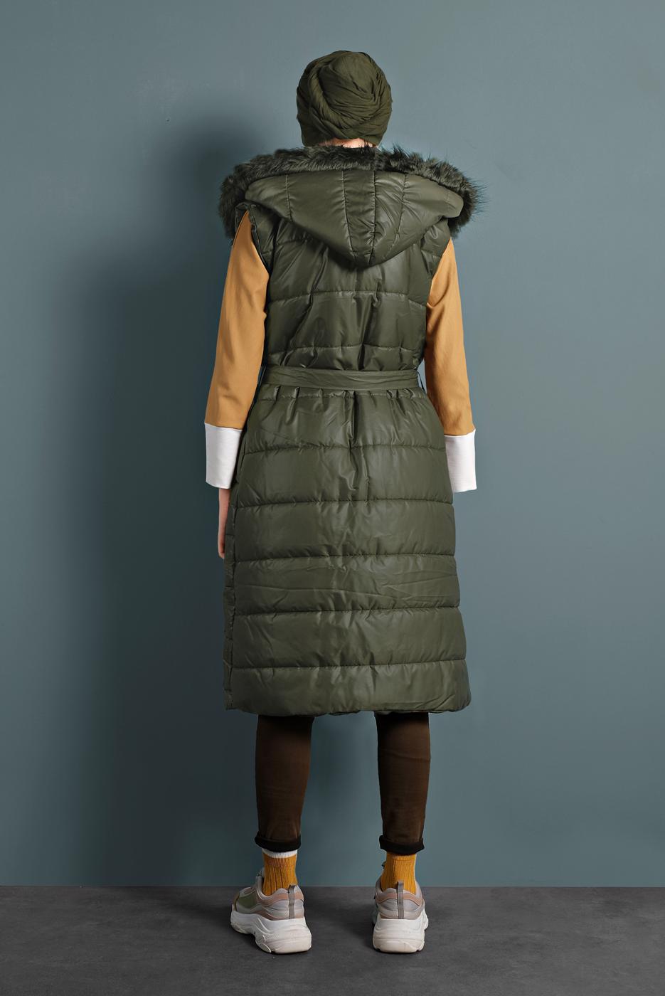 Tesettür giyim HAKİ KÜRK DETAYLI ŞİŞME YELEK 0127