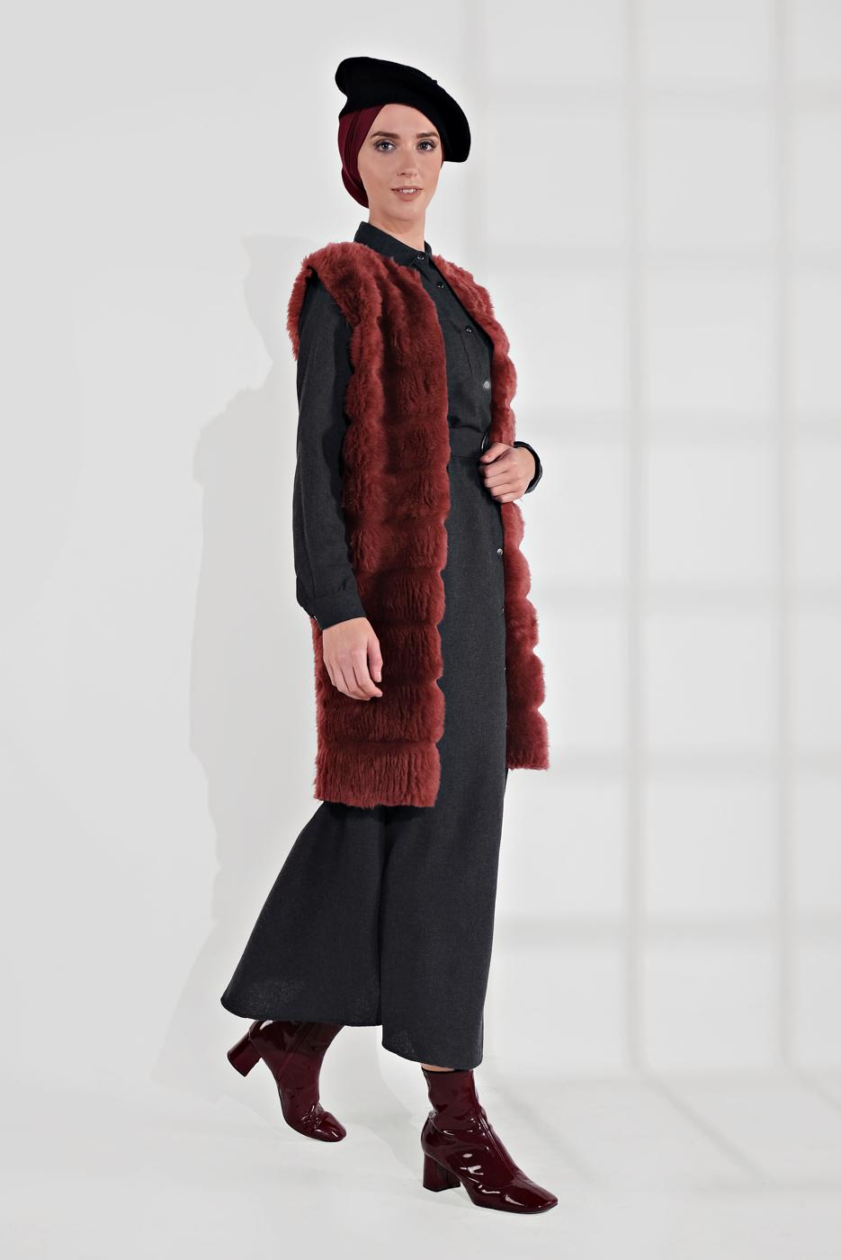 Tesettür giyim BORDO PAMUKLU PELUŞ YELEK 1704