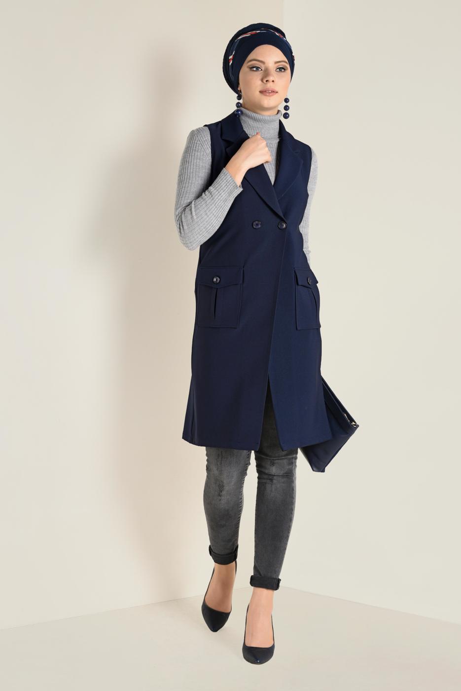 Vêtements hijab BLEU MARINE GILET À DEUX RANGÉES DE BOUTONS 4643 