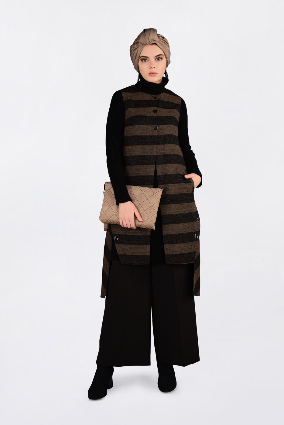 Tesettür giyim KAHVE KUŞGÖZÜ DETAYLI YATAY ŞERİTLİ YELEK 4749