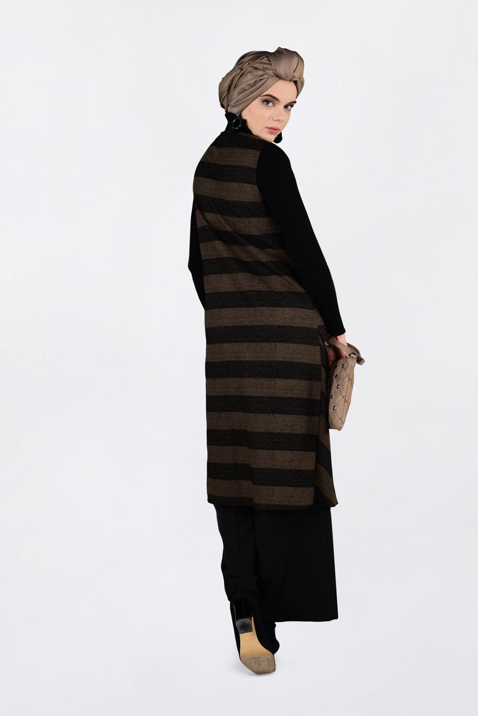 Tesettür giyim KAHVE KUŞGÖZÜ DETAYLI YATAY ŞERİTLİ YELEK 4749