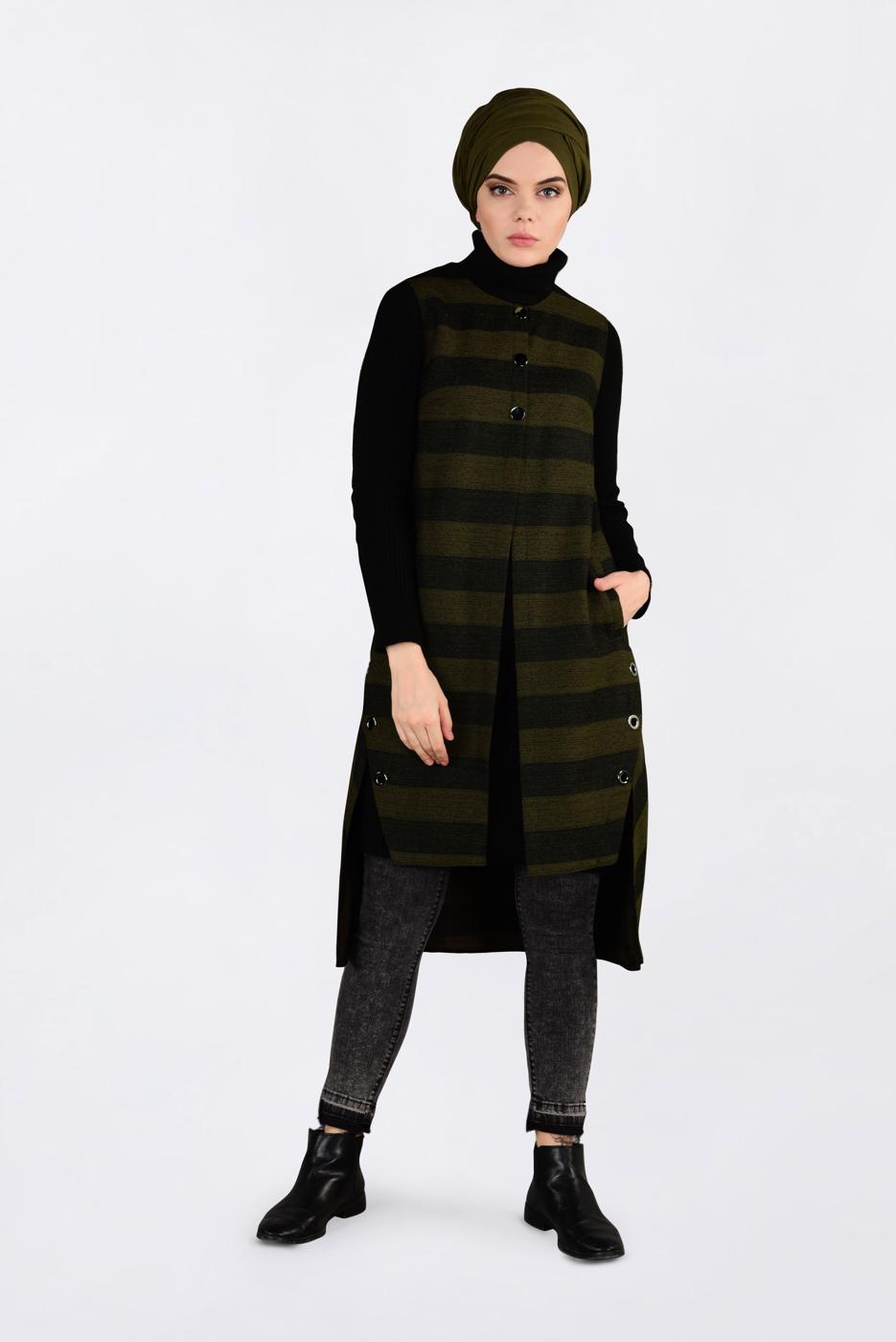 Tesettür giyim HAKİ KUŞGÖZÜ DETAYLI YATAY ŞERİTLİ YELEK 4749