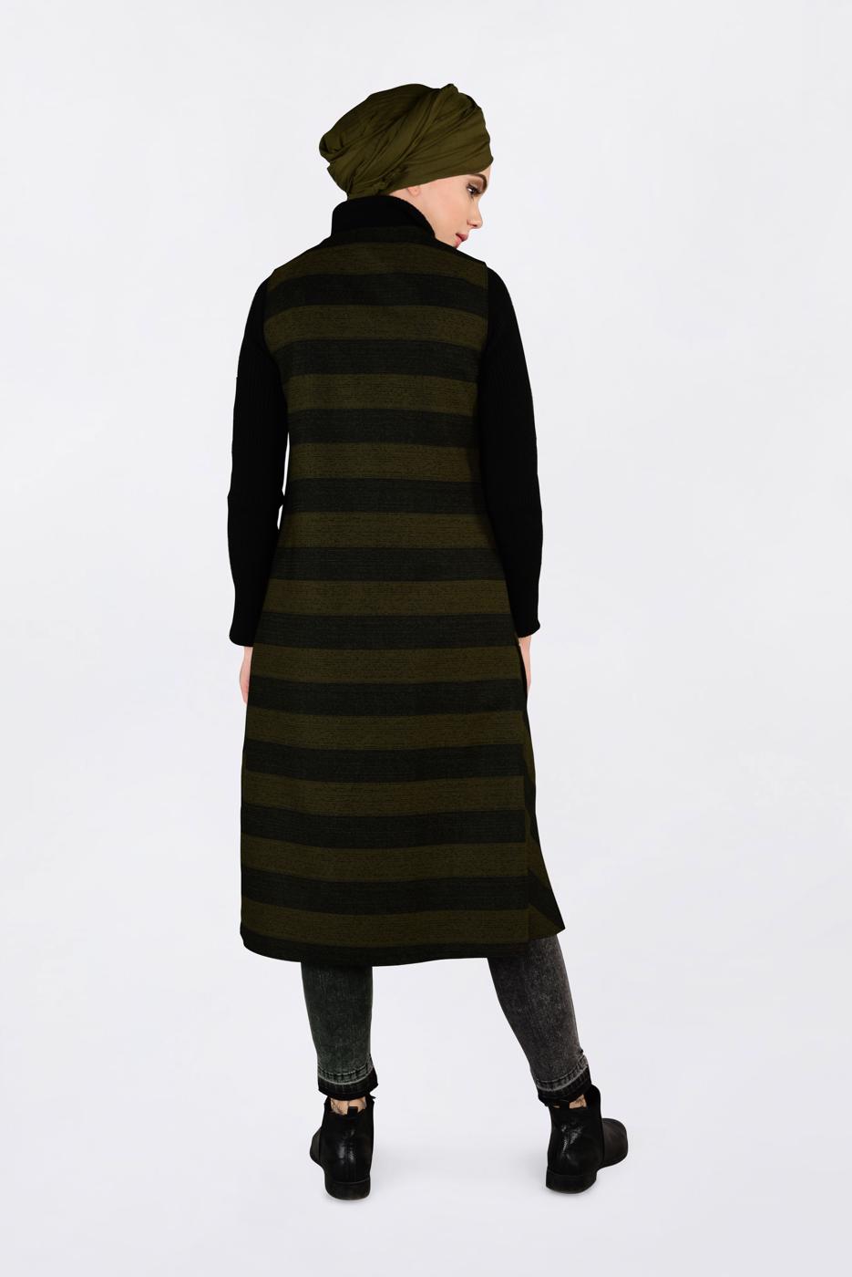 Tesettür giyim HAKİ KUŞGÖZÜ DETAYLI YATAY ŞERİTLİ YELEK 4749