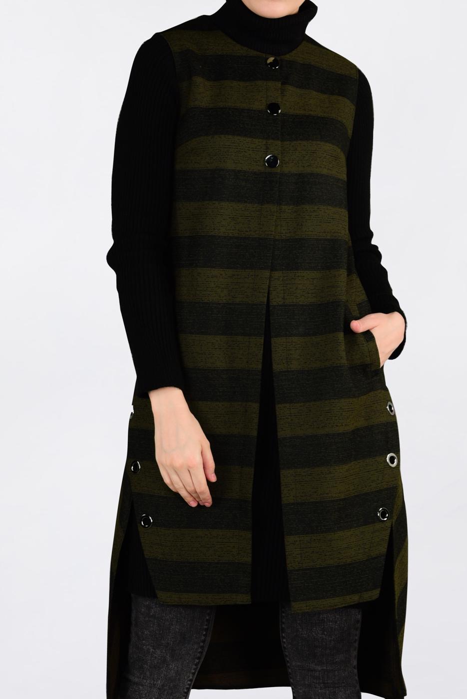 Tesettür giyim HAKİ KUŞGÖZÜ DETAYLI YATAY ŞERİTLİ YELEK 4749