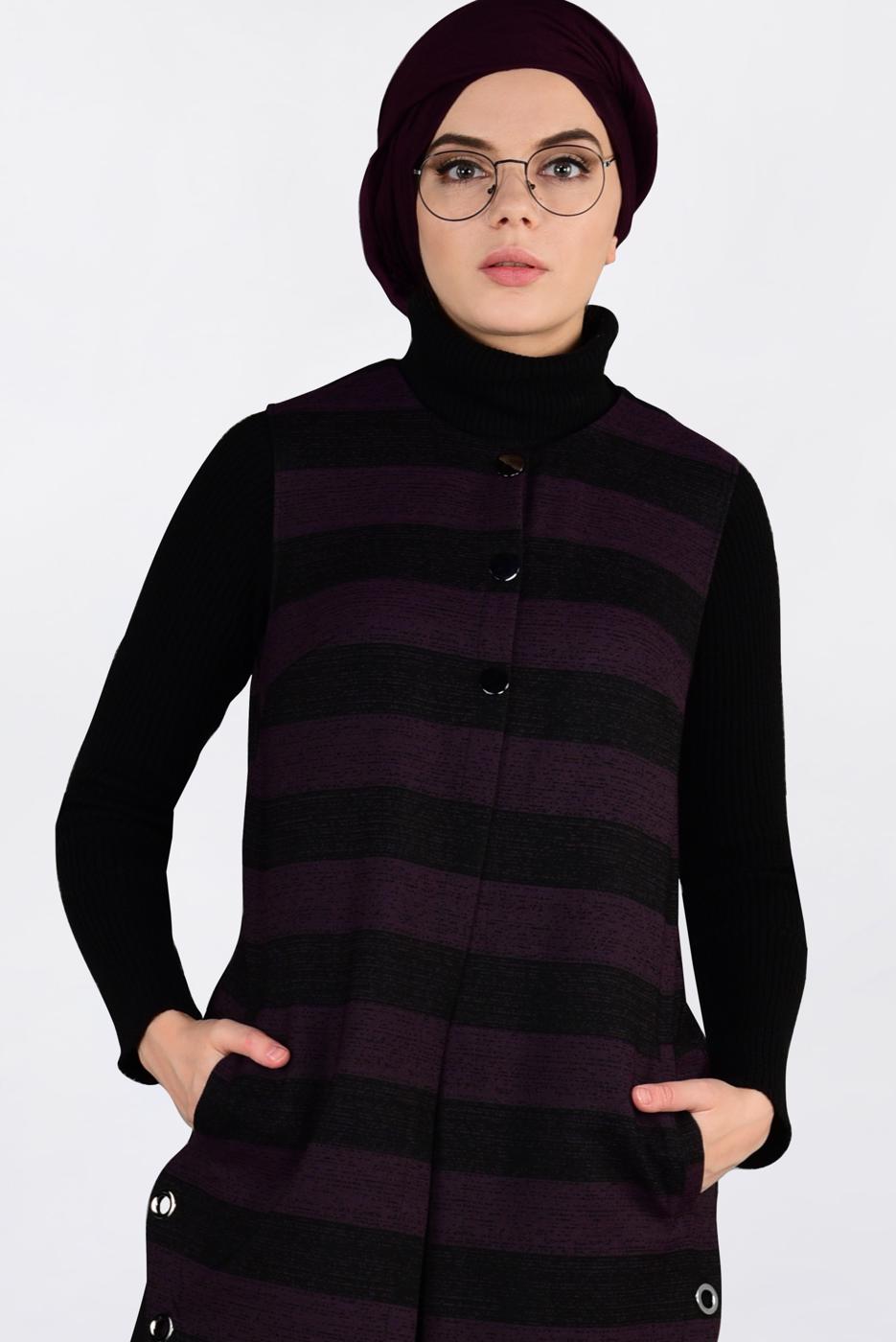 Tesettür giyim MÜRDÜM KUŞGÖZÜ DETAYLI YATAY ŞERİTLİ YELEK 4749